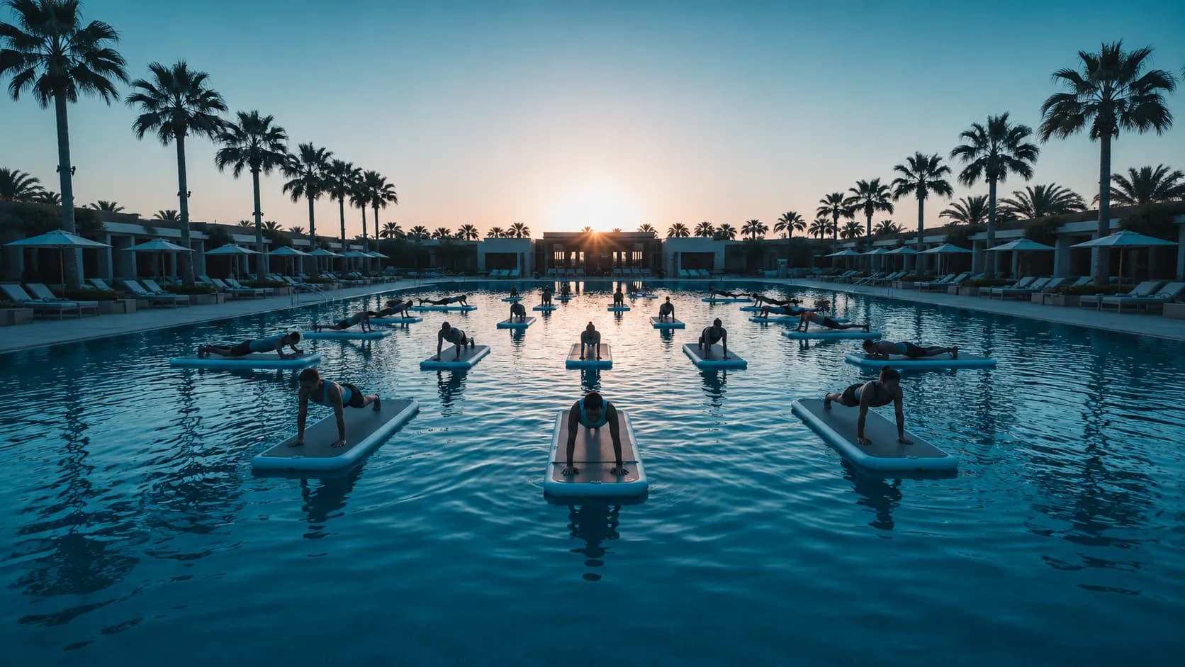 Sunset aquatic fitness class on floating mats in a resort pool